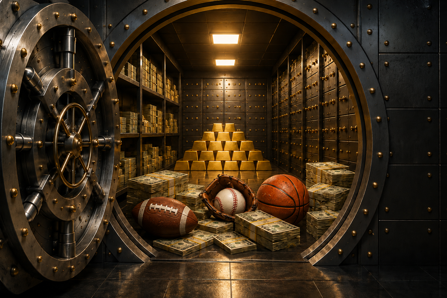 Open bank vault door revealing gold bars and rows of safe deposit boxes inside